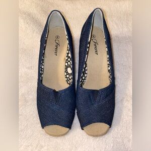 Navy Blue Denim Jean Wedge Heels